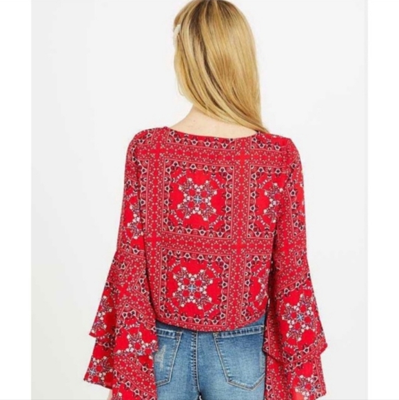 : Altar’d State MacKenzie Crop Top with double Bell Sleeves sz small red - Picture 2 of 9
